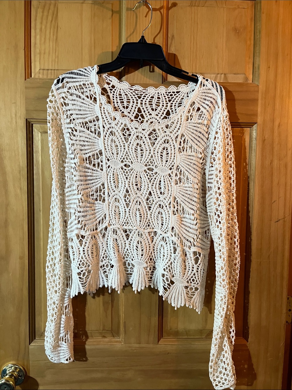 Crocheted Openwork Cream Long Sleeve Pullover